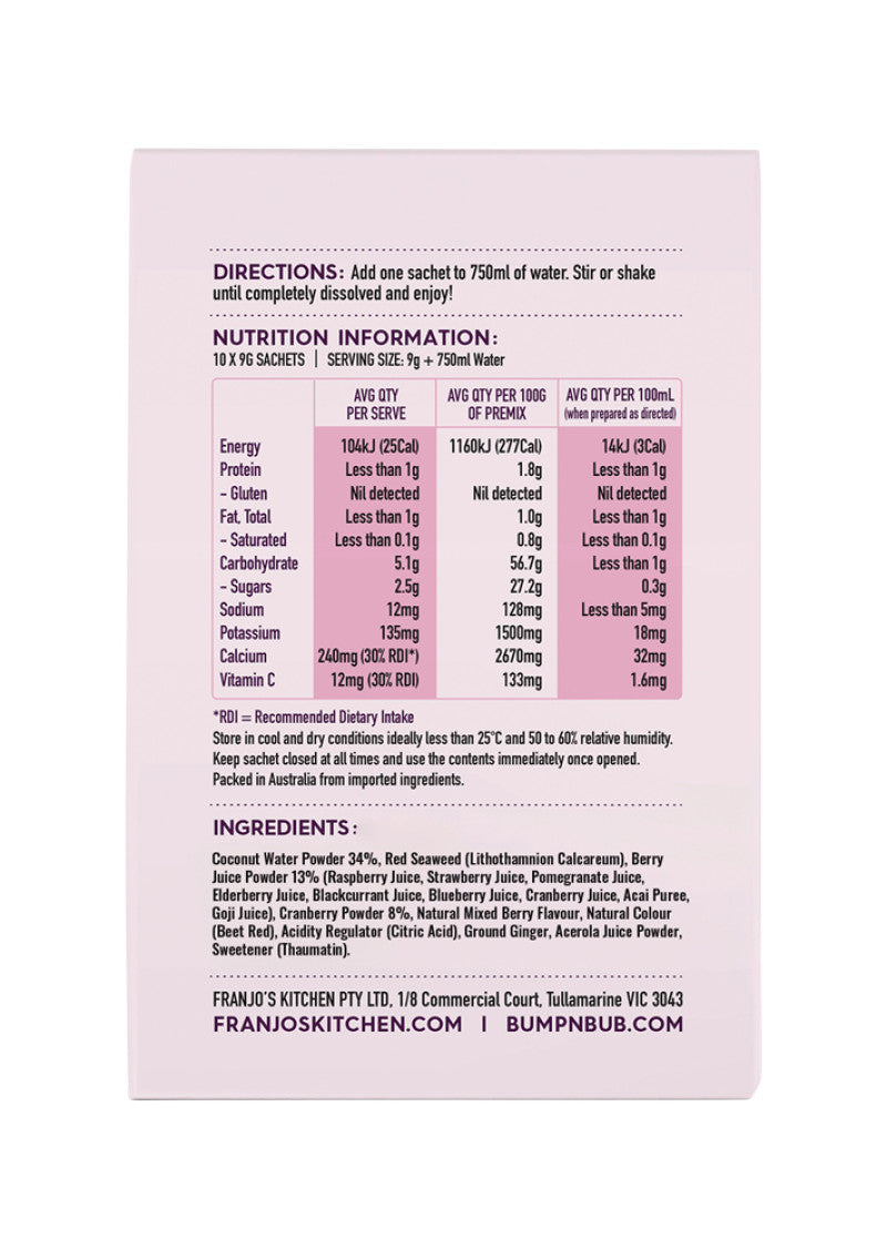 Franjos Kitchen Motherhood Hydration Pwd Mixed Berry Coconut Water Sachet 9g x 10Pk